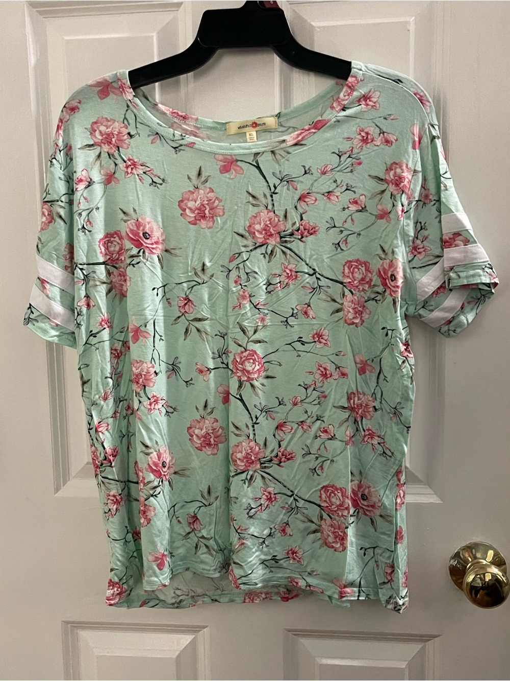 Wishful Park Mint Floral Short Sleeve Tee with Pink Roses